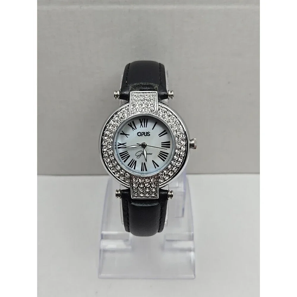 Opus Glamorous Womens Watch MOP 36mm Pave Crystal Black Leather New Battery